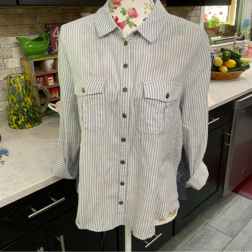 Free People Blue & White Striped & Sheer Floral Roll Tab Sleeve Top 
Size Small